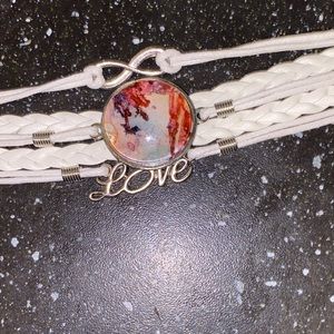 White Faux Leather Bracelet w Hand Painted Alcohol Ink Art Under Domed Glass